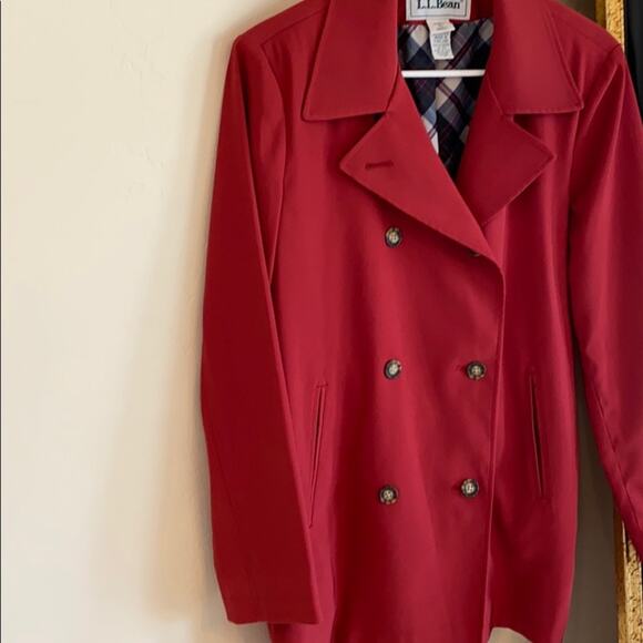 LL Bean red trench coat  jacket with plaid lining - Picture 7 of 14